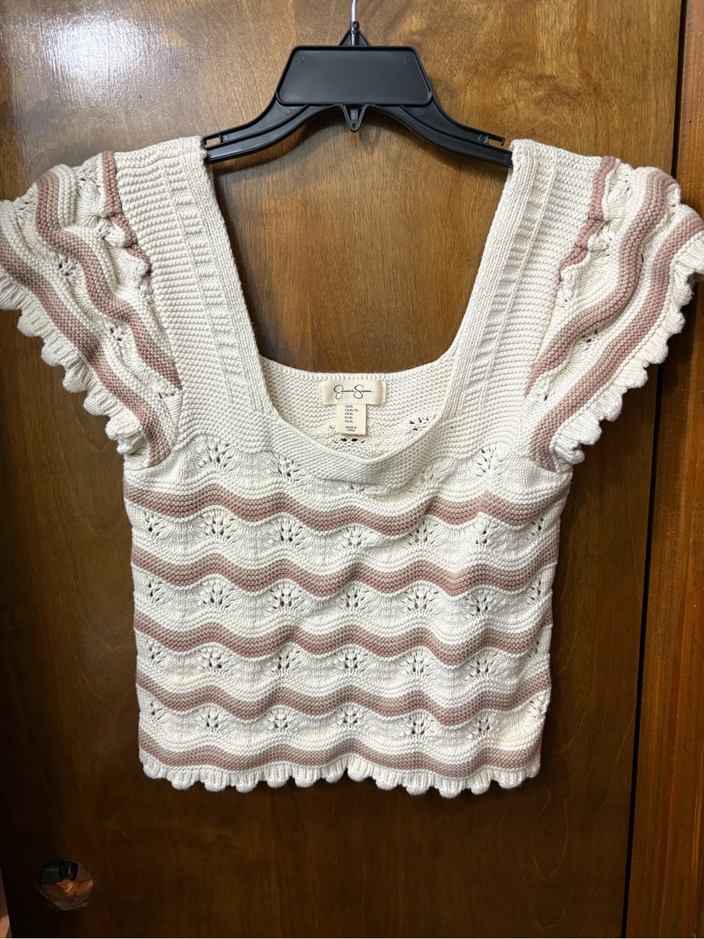 Jessica Simpson Cream and Tan Crochet Wave Crop Sweater XL